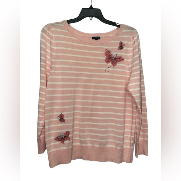 Talbots Crewneck Sweater Embroidered Butterfly Stripe Size 1X Long Sleeve Pink - Picture 2 of 7
